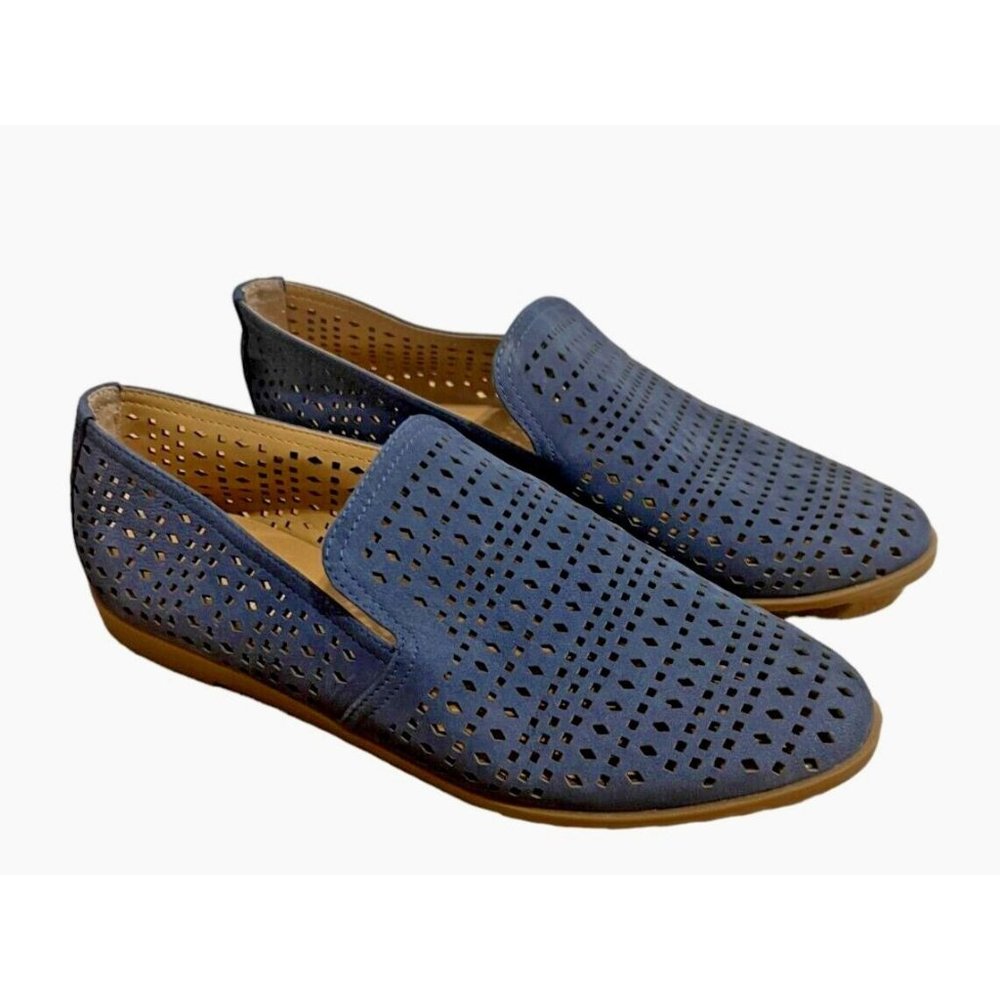 Franco Sarto Women's Faryn  Leather Loafer Shoe Perforated Slip On- Navy-6